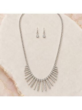 Lightweight Silver Tone Rhinestone Bar Statement Necklace Earrings Set